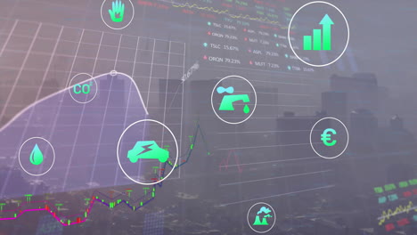 Animation-Von-Ökologiesymbolen-Und-Datenverarbeitung-über-Der-Stadtlandschaft