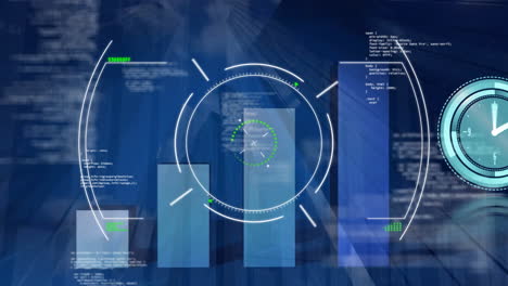 Animación-Del-Escaneo-Del-Alcance-Sobre-Diagramas,-Reloj-Y-Procesamiento-De-Datos.