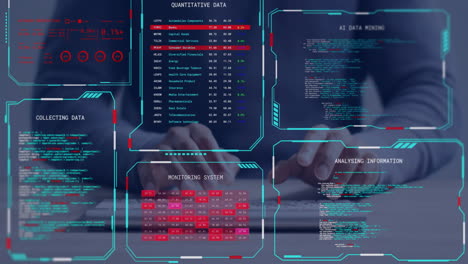 Animation-of-digital-data-processing-on-screens-over-biracial-man-using-laptop