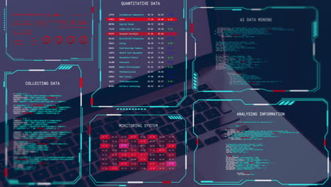 Animation-of-digital-data-processing-on-screens-over-laptop-on-black-background