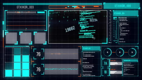 Animation-of-data-processing-and-diagrams-over-black-background