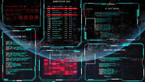 Animación-Del-Procesamiento-De-Datos-Digitales-En-Pantallas-Y-Globo-Sobre-Fondo-Negro