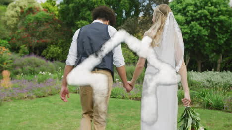 Animación-De-La-Casa-De-Las-Nubes-Sobre-Una-Feliz-Pareja-Diversa-Caminando-En-El-Jardín-El-Día-De-La-Boda