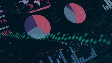 Animation-of-data-processing-and-diagrams-over-world-map-on-black-background