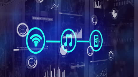 Animation-Von-Mediensymbolen-über-Datenverarbeitung-Und-Serverraum