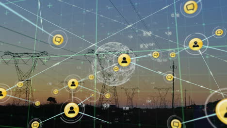 Animation-of-network-of-connections-with-icons-over-globe-and-pylons