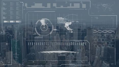 Animation-Der-Datenverarbeitung-Und-Diagramme-über-Dem-Stadtbild