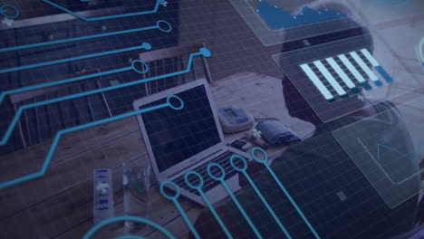 Animación-De-Diagramas-Y-Conexiones-Sobre-Un-Hombre-Birracial-Usando-Una-Computadora-Portátil-Con-Espacio-Para-Copiar