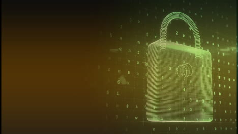 Animation-of-data-processing-and-digital-padlock-over-orange-background