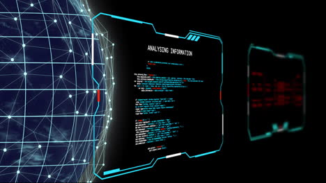 Animación-Del-Procesamiento-De-Datos-Digitales-En-Pantallas-Y-Globo-Sobre-Fondo-Negro