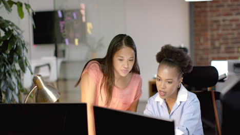 Young-African-American-woman-and-biracial-woman-collaborate-at-the-business-office