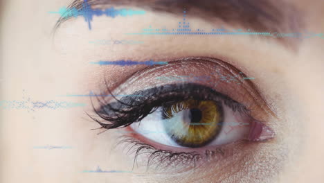 Animation-of-data-processing-over-close-up-of-woman's-eye