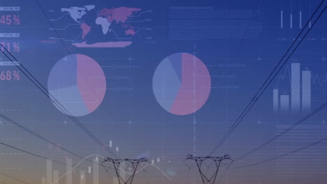 Animation-of-financial-data-processing-over-electricity-pylons-in-landscape