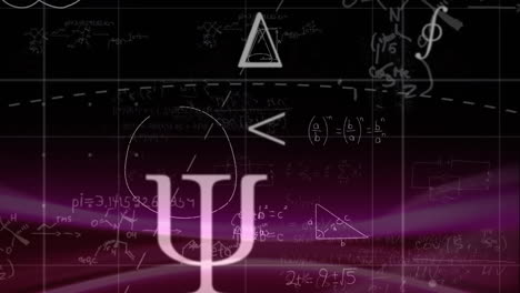 Animation-of-mathematical-equations-and-symbols-on-black-background