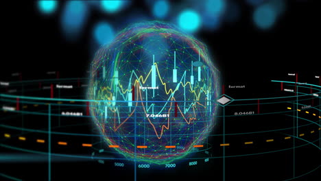 Animation-Der-Finanzdatenverarbeitung-über-Den-Globus-Auf-Schwarzem-Hintergrund