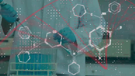 Animation-of-chemical-formula-and-dna-strand-over-scientist-working-in-lab