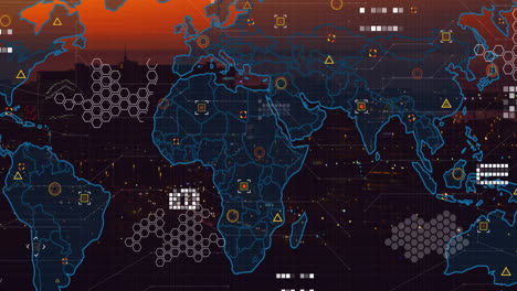 Animation-of-world-map-with-data-processing-over-cityscape