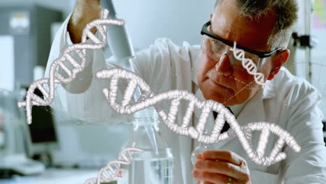 Animation-Von-DNA-Strängen-Und-Wissenschaftlicher-Datenverarbeitung-über-Männliche-Kaukasische-Wissenschaftler-Im-Labor