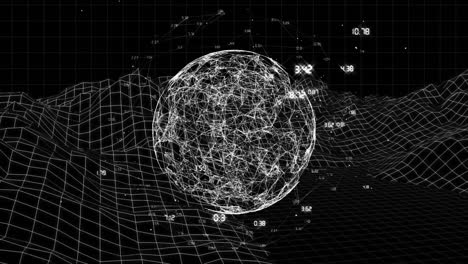 Animación-Del-Globo-Con-Procesamiento-De-Datos-Sobre-Montañas-Digitales-Sobre-Fondo-Negro