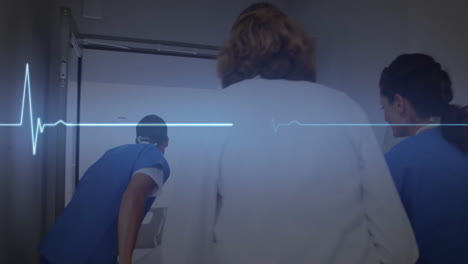 Animación-De-Cardiógrafo-Sobre-Médicos-Caucásicos-Corriendo-Con-Un-Paciente-En-La-Cama-De-Un-Hospital