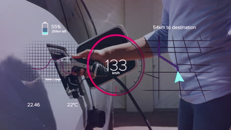 Animation-Von-Öko-Symbolen-Und-Datenverarbeitung-über-Einem-Kaukasischen-Mann,-Der-Ein-Elektroauto-Auflädt