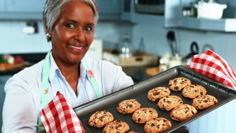 Mujer-Mayor-Sosteniendo-Una-Bandeja-Con-Galletas-Caseras-En-La-Cocina