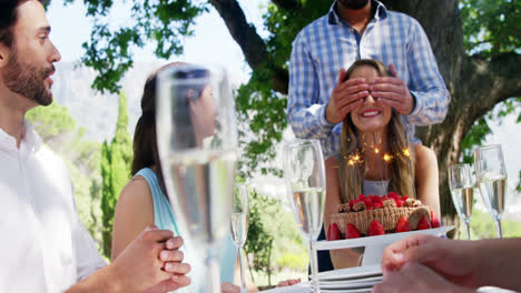 Amigos-Celebrando-El-Cumpleaños-De-Una-Mujer-En-Un-Restaurante-Al-Aire-Libre.