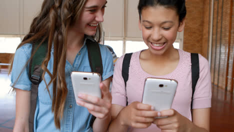 Happy-schoolgirls-using-mobile-phone-in-basketball-court