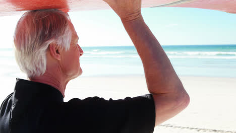 Hombre-Mayor-En-Traje-De-Neopreno-Llevando-Tabla-De-Surf-Sobre-La-Cabeza