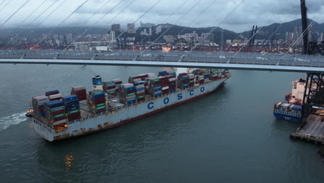 Cosco-container-ship-passing-under-suspension-bridge