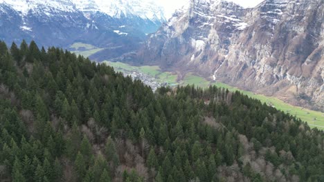 Fronalpstock-Glarus-Switzerland-aerial-over-mountain-forest-edge-sneak-peeks-village-in-valley