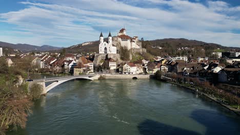 Aarburg-Aargau-Switzerland-famous-castle-sits-above-the-river-slow-approach-aerial