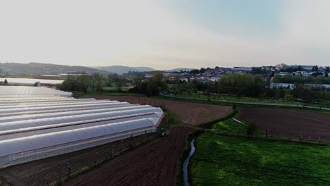 Aerial-view-of-organized-complex-of-greenhouses-and-rural-fields