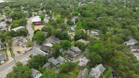 Drone-shot,-small-town-neighborhood-in-Massachusetts