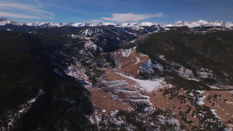 Eldora-Mountain-ski-trail-runs-Indian-Peaks-Woodward-Ikon-Pass-Colorado-cinematic-aerial-drone-Boulder-Flat-Irons-Nederland-Front-Range-winter-blue-sky-Central-city-Black-Hawk-backward-pan-up-motion