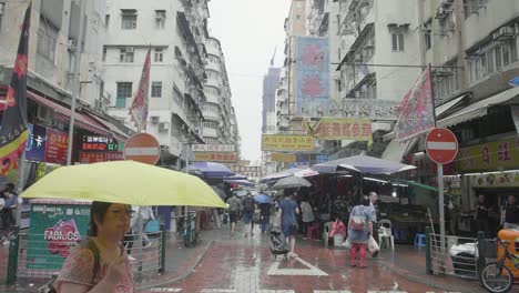 Mong-Kok-area-of-Hong-Kong-street-market-filled-with-vendors-and-pedestrians-with-umbrellas-during-a-rainy-day---Tilted-camera-Slow-Motion