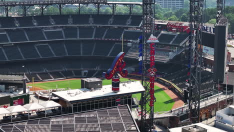 Aerial-footage-of-Truist-park,-modern-baseball-arena,-home-field-of-Atlanta-Braves