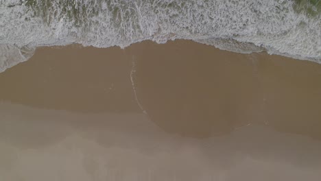 Luftaufnahme-Von-Oben-Des-Wunderschönen,-Generischen-Sandstrandes,-Vogelperspektive-Der-Meereswellen,-Die-Von-Oben-Gegen-Einen-Leeren-Strand-Schlagen,-Nazare,-Portugal