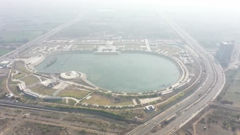 Rajkot-Atal-lake-drone-view-Many-big-lakes-and-gardens-are-visible-around,-Rajkot-New-Race-Course,-Atal-Sarovar