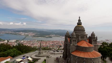 Aerial-view-of-Santuario-de-Santa-Luzia,-a-church-on-hilltop-in-Viana-do-Castelo,-Portugal