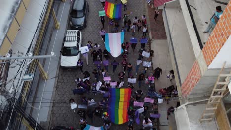 Social-issues-aerial:-Women's-Day-march-on-Santa-Cruz,-Bolivia-street