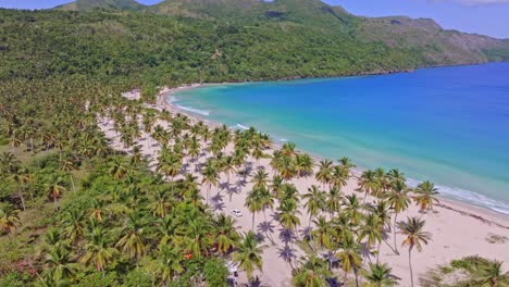 Antena-Panorámica-Sobre-La-Playa-De-Arena-Tropical-Y-El-Océano-Azul-De-Playa-Rincón,-Caribe