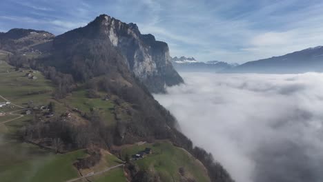 Walensee-Amden-Cloud-Sea,-Quinten-Mols,-Switzerland---Aerial