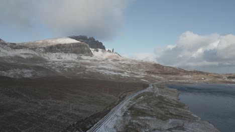 Montaña-Cubierta-De-Nieve-Con-Vistas-A-La-Vía-Del-Tren-Y-Al-Lago,-Cielo-Despejado,-Escocia