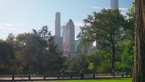 Corredores-Matutinos-Y-Peatones-En-Central-Park-Con-El-Icónico-Horizonte-De-Manhattan-Como-Telón-De-Fondo