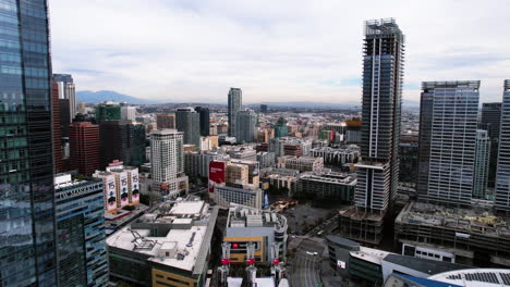 Downtown-Los-Angeles-CA-USA,-Aerial-View-of-Hotels-and-Apartment-Buildings-Drone-Shot