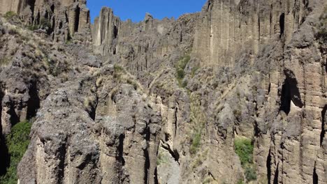 Nature-aerial-rotates-to-reveal-valley-of-steep-eroded-rock-spires,-BOL