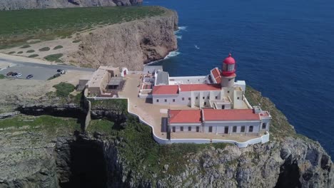 Aerial-view-of-the-light-tower-in-sagres-algarve-portugal-with-big-rocks-and-blue-ocean