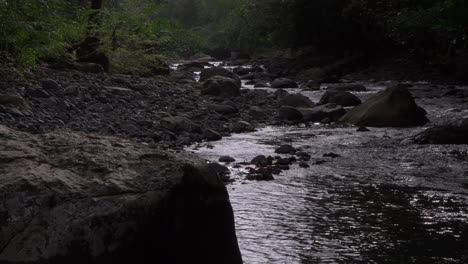 Calm-stream-flows-over-rocks-in-Cajones-de-Chame,-Panama,-surrounded-by-forest,-serene-nature-scene