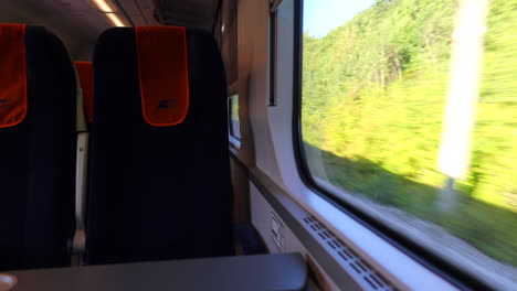 Empty-InterCity-train-seat-inside-an-IC-train-in-Poland,-fast-moving-train-with-green-nature-view,-public-transport,-4K-shot